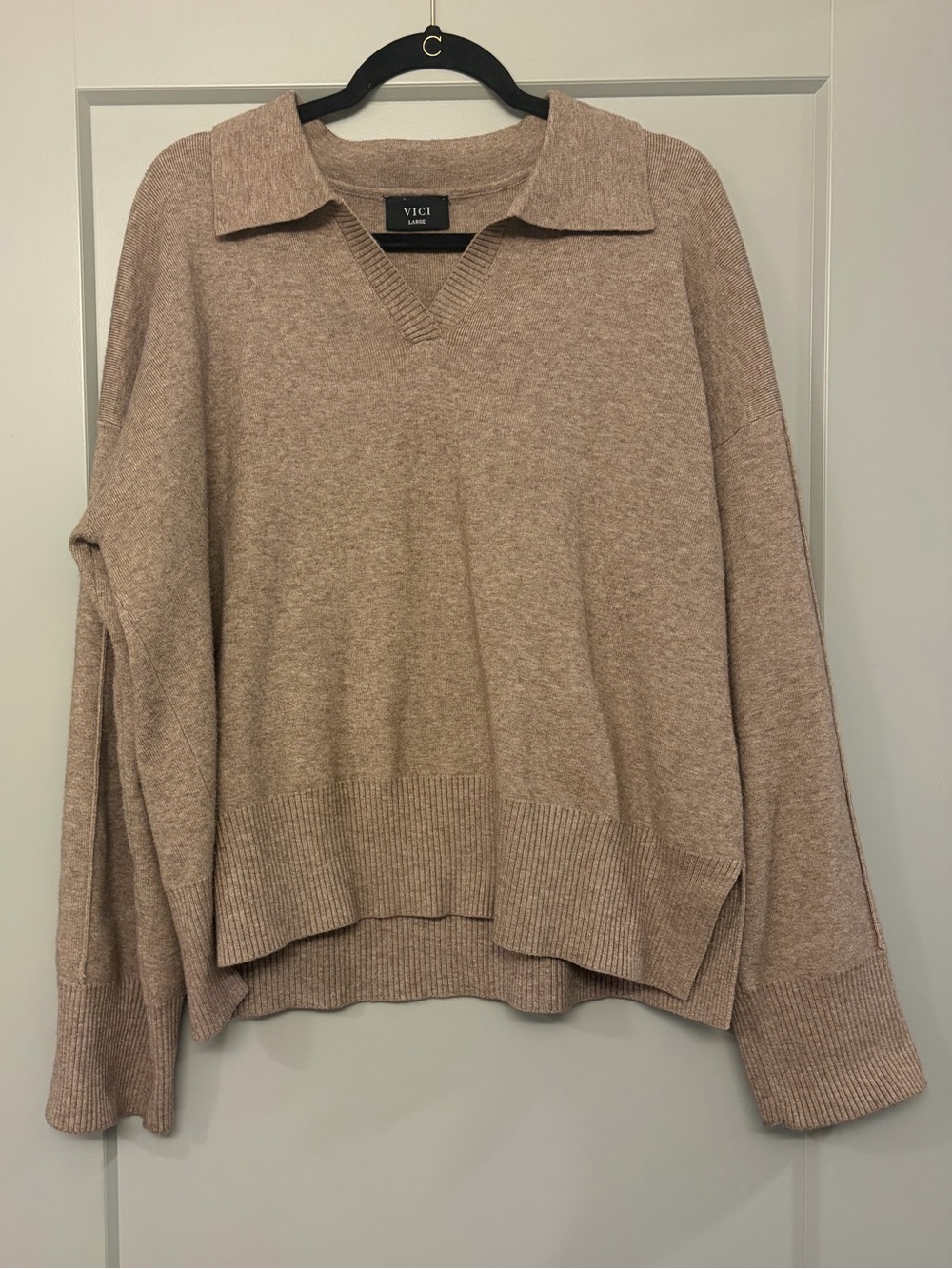 VICI Taupe Collared V-Neck Lightweight Sweater